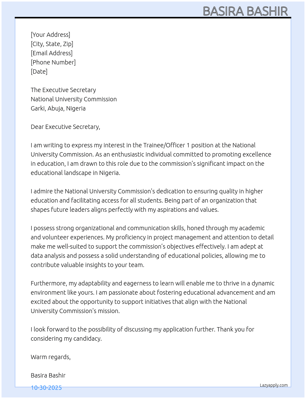 Cover letter for trainee/officer 1 - LazyApply