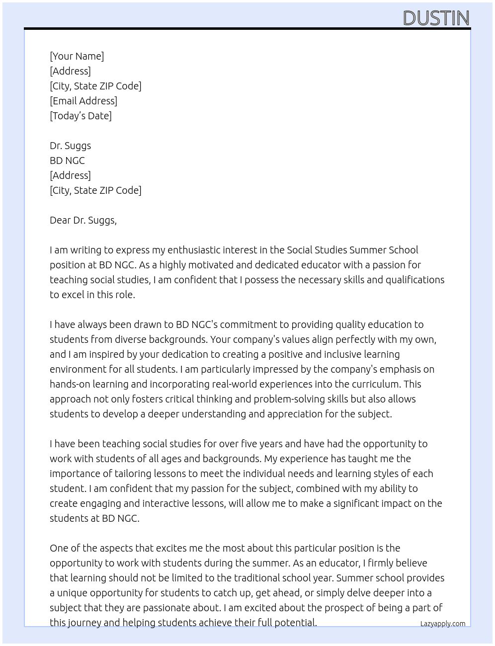 Social Studies Summer School position At BD NGC Cover Letter