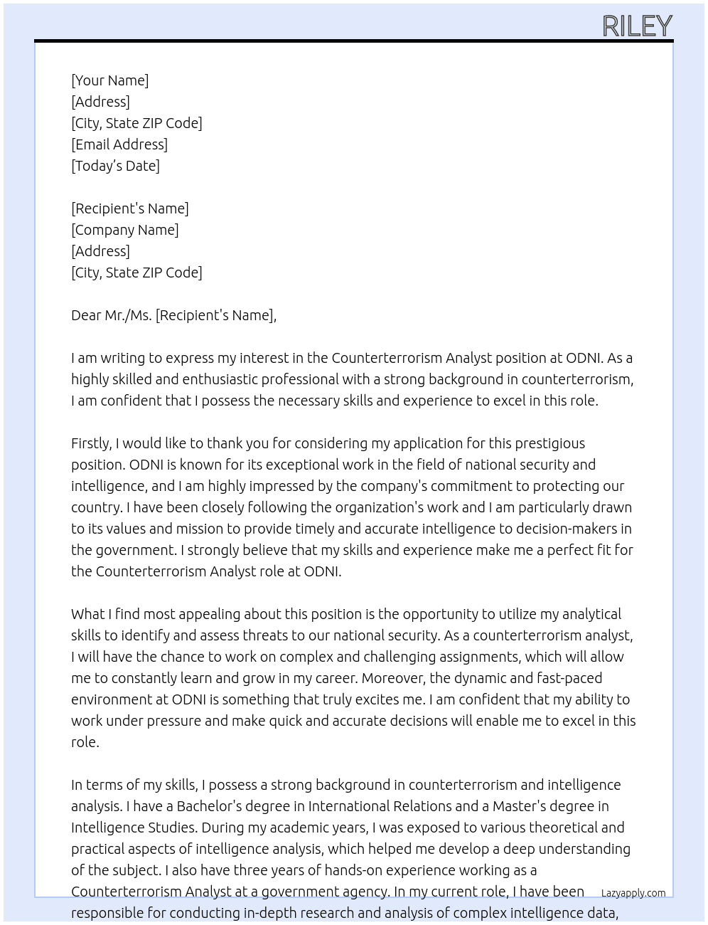 Counterterrorism Analyst At ODNI Cover Letter