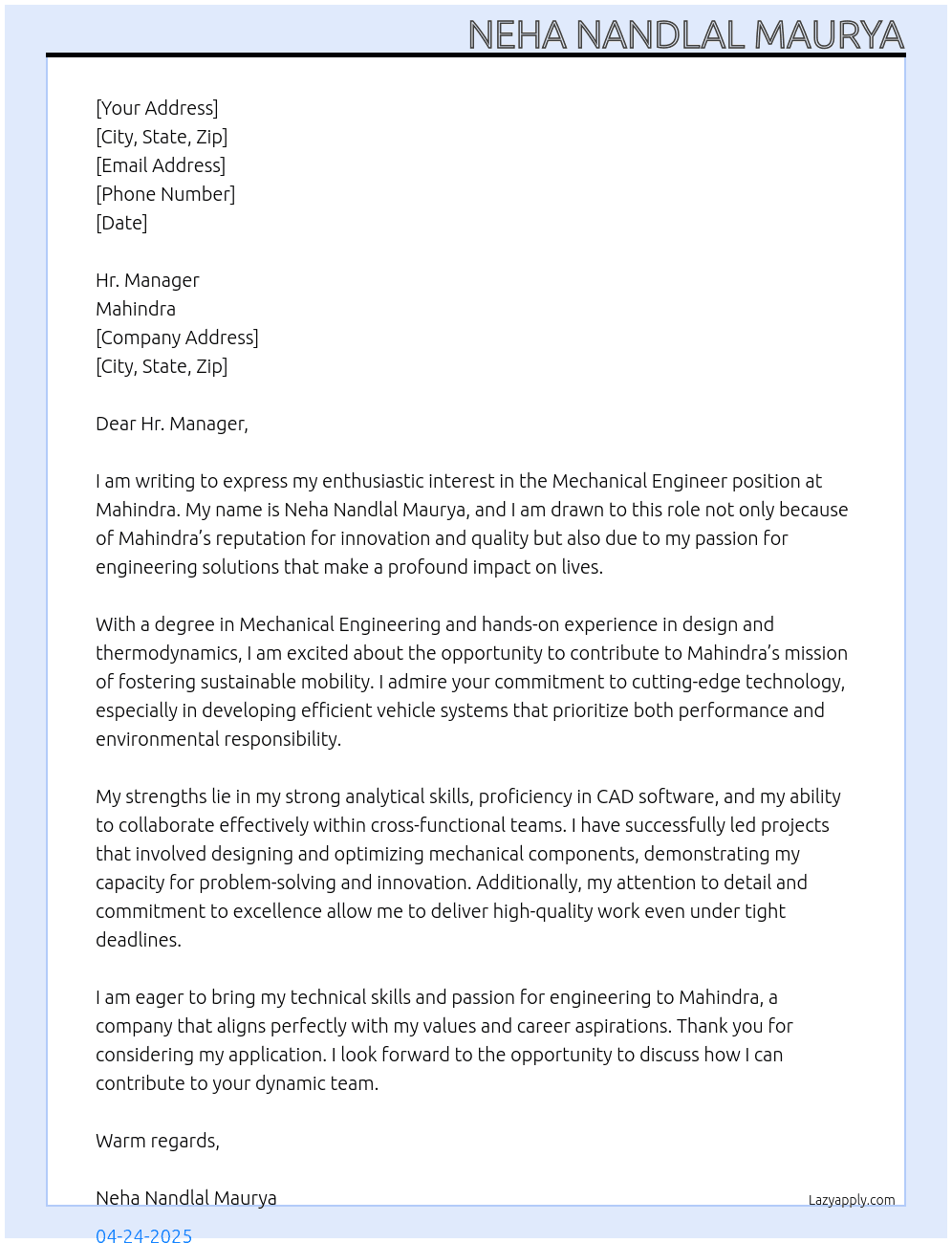 Mechanical engineer At Mehindra Cover Letter