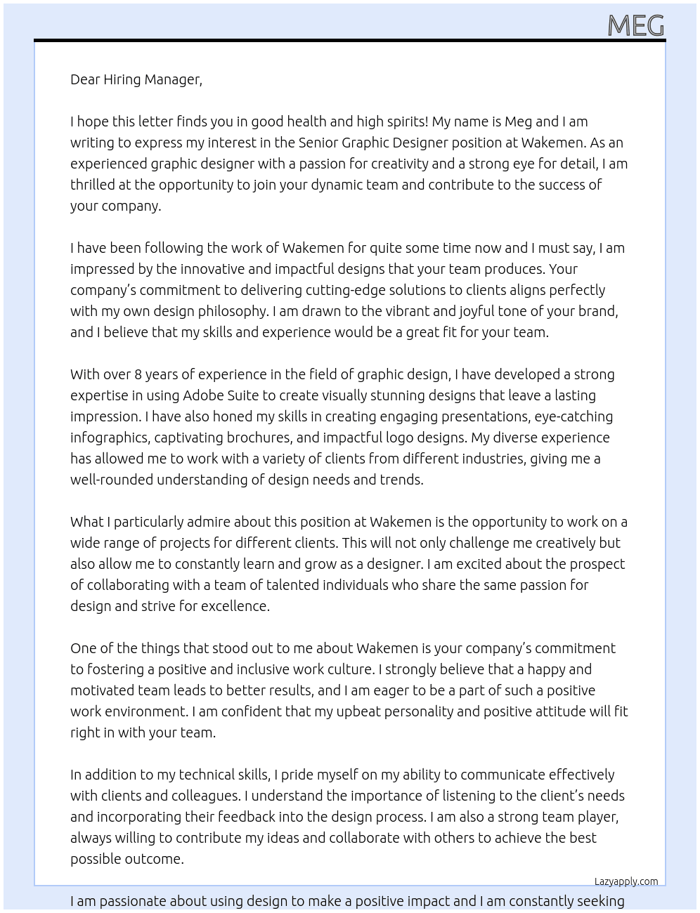 Senior Graphic Designer At Wakemen Cover Letter