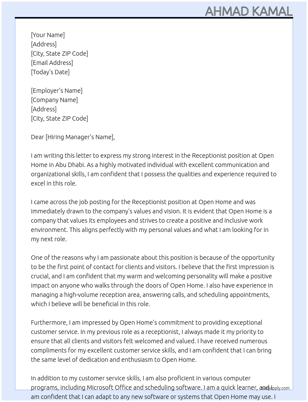 Receptionist At Open Home Cover Letter