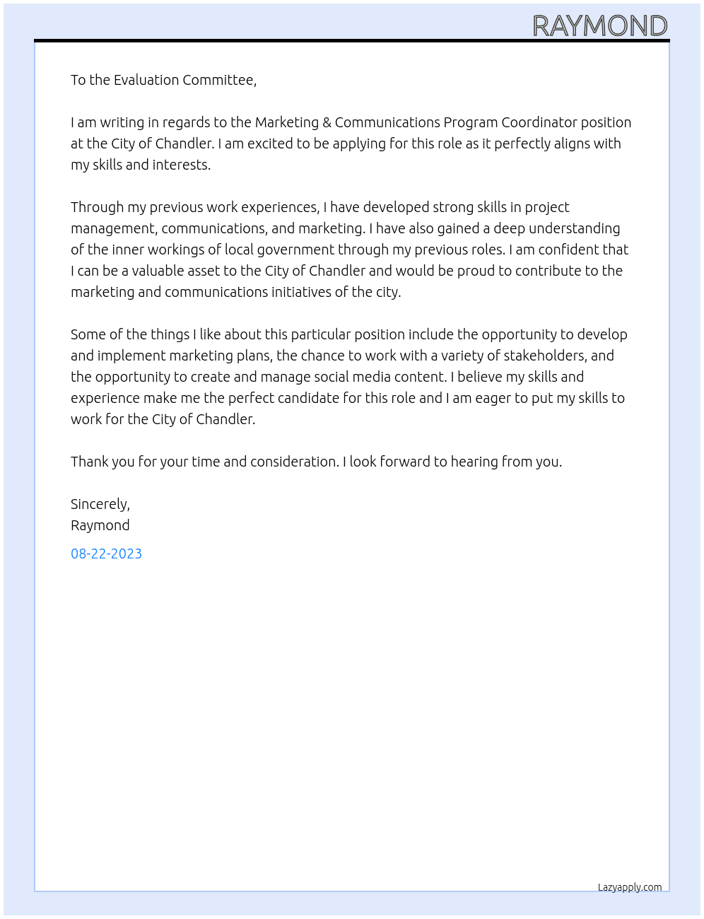 Marketing & Communications Program Coordinator  At City of Chandler Cover Letter