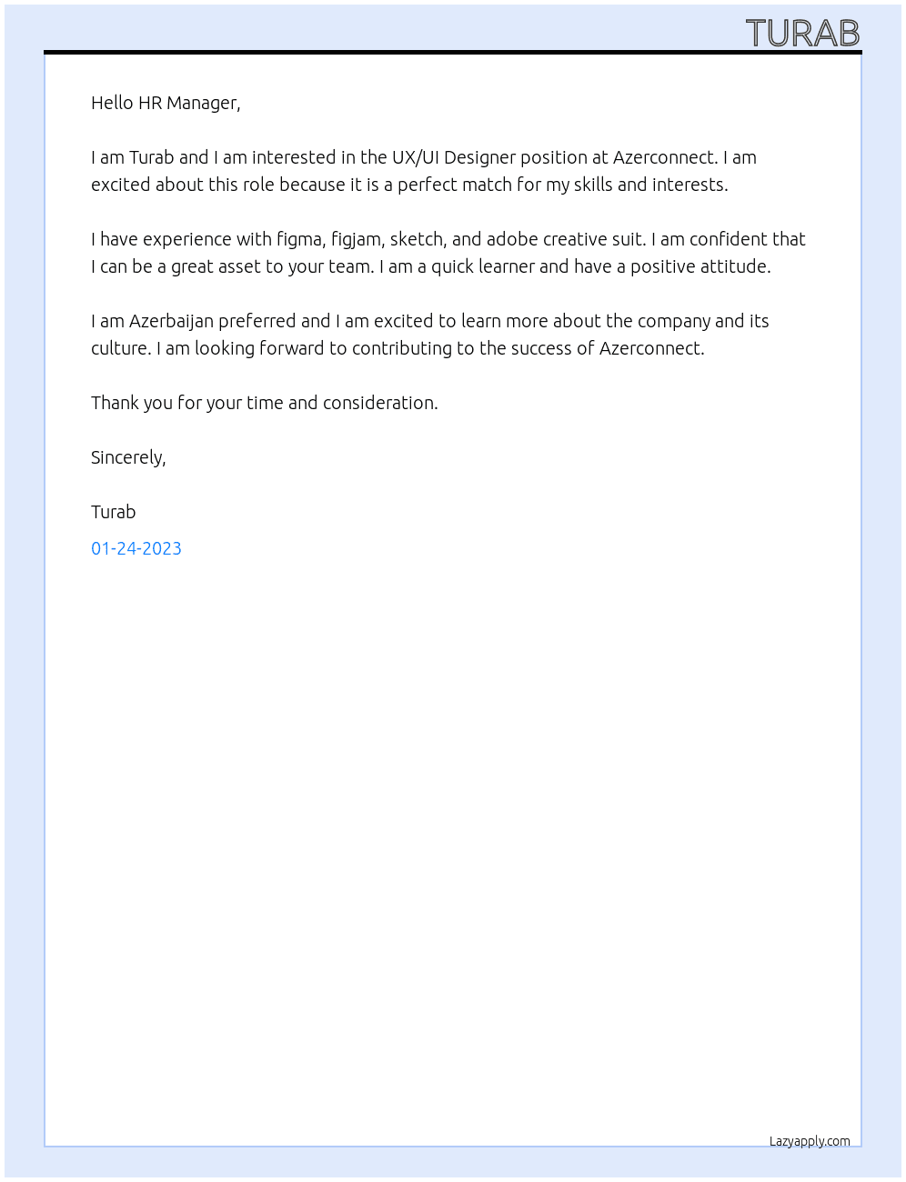 UX/UI Designer At Azerconnect Cover Letter