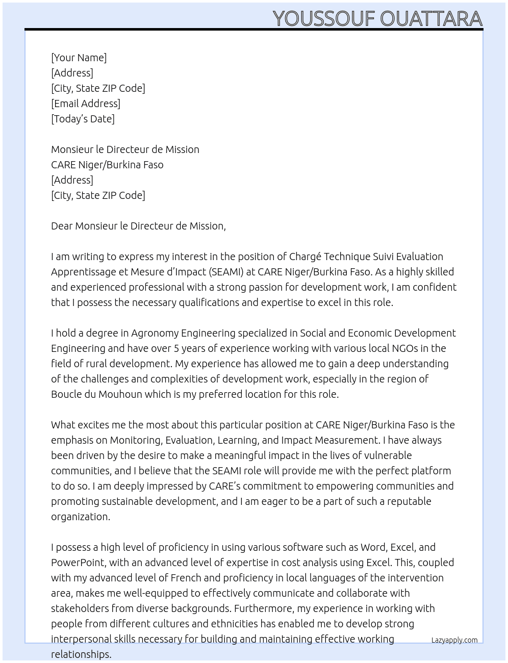 Chargé Technique Suivi Evaluation Apprentissage et Mesure d’Impact (SEAMI) At CARE Niger/Burkina Faso Cover Letter