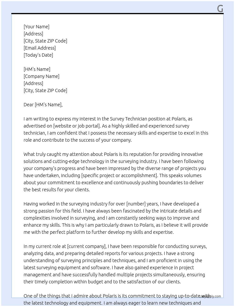 Survey Technician At Polaris Cover Letter