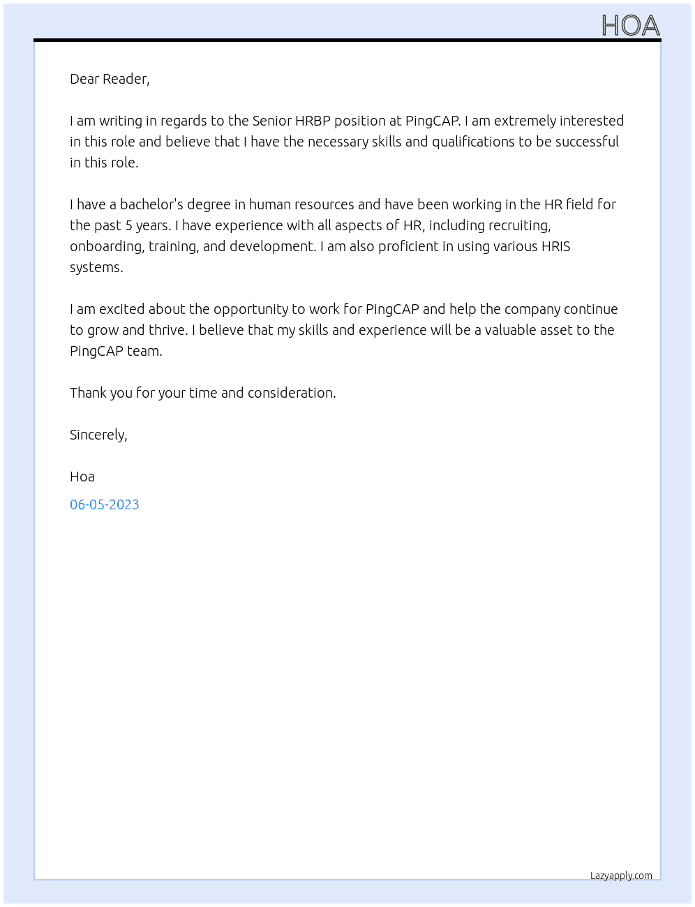 Senior HRBP At PingCAP Cover Letter