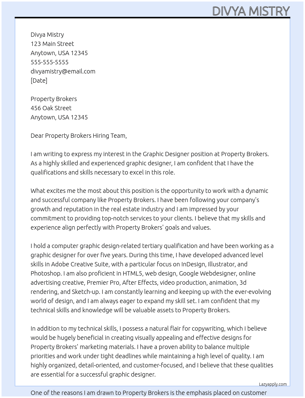 Graphic Designer  At Property Brokers Cover Letter