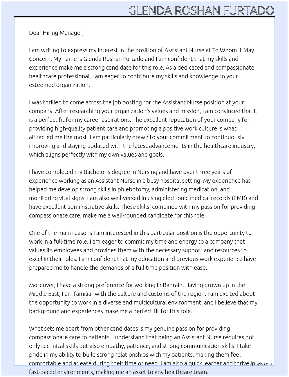 Assistant Nurse At To Whom It May Concern Cover Letter