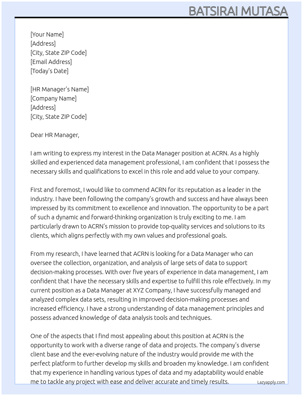 Data manager At ACRN Cover Letter