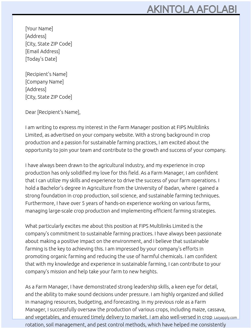 Farm Manager  At FIPS Multilinks Limited  Cover Letter