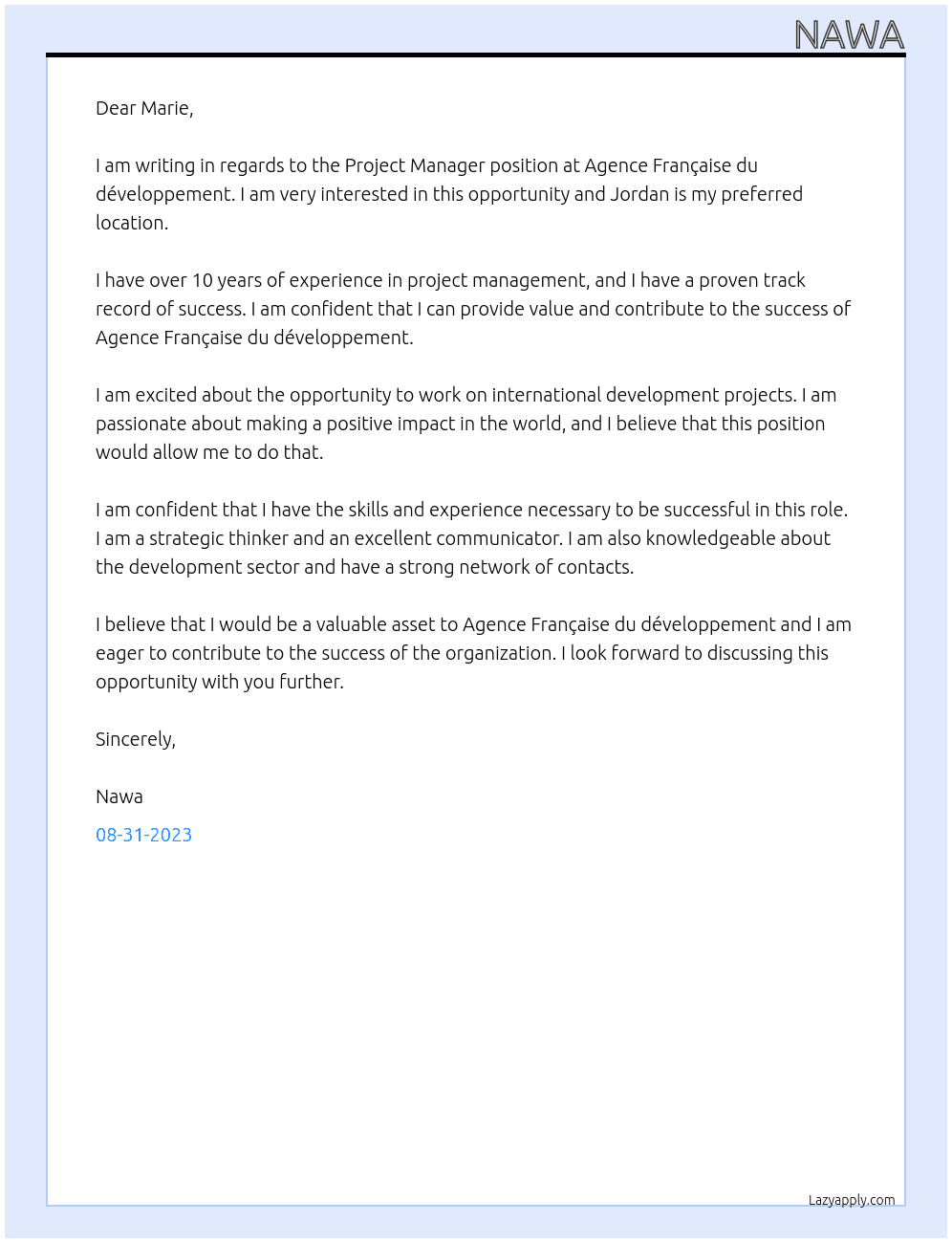 Project manager At Agence Française du développement Cover Letter