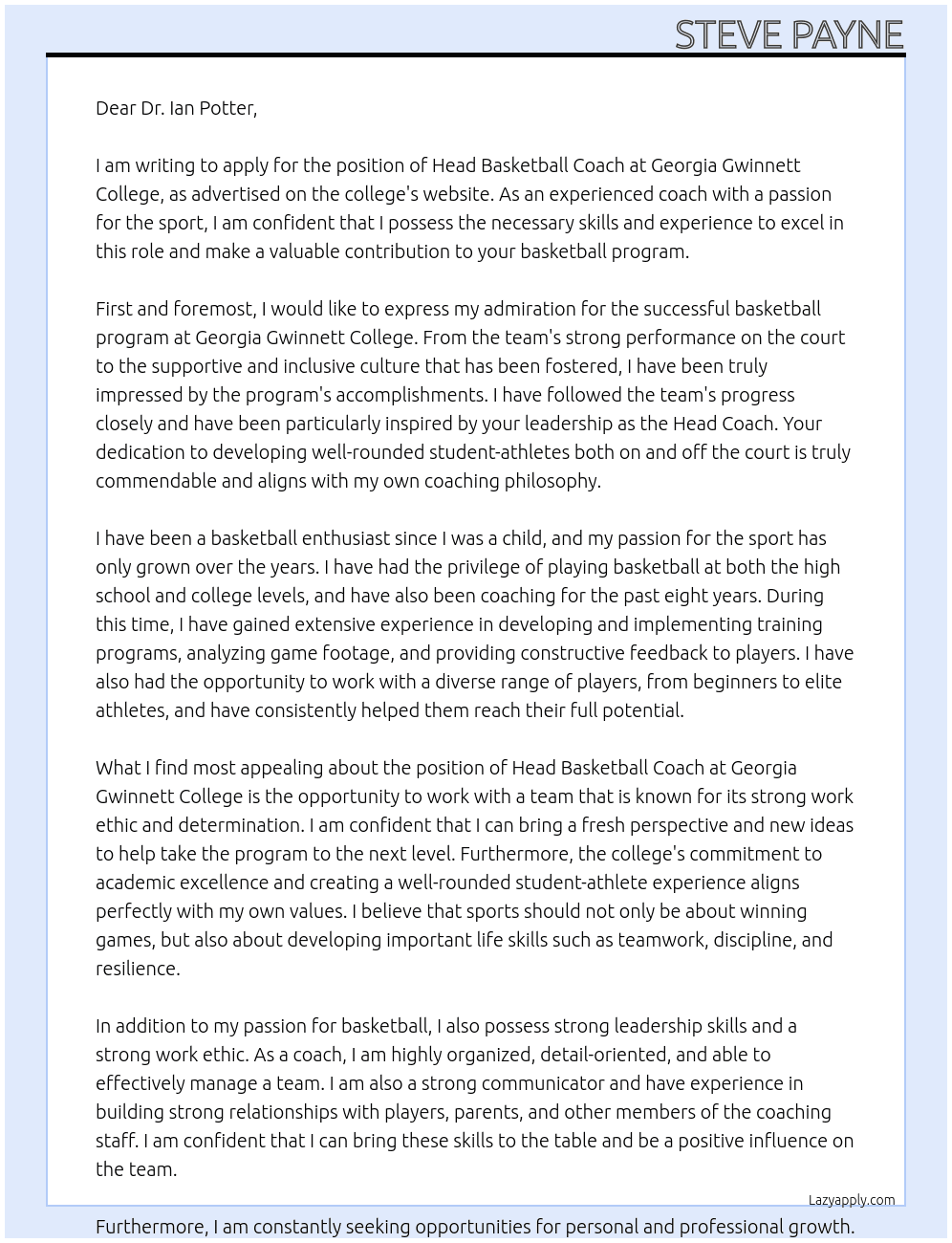 Head Basketball Coach At Georgia Gwinnett College Cover Letter