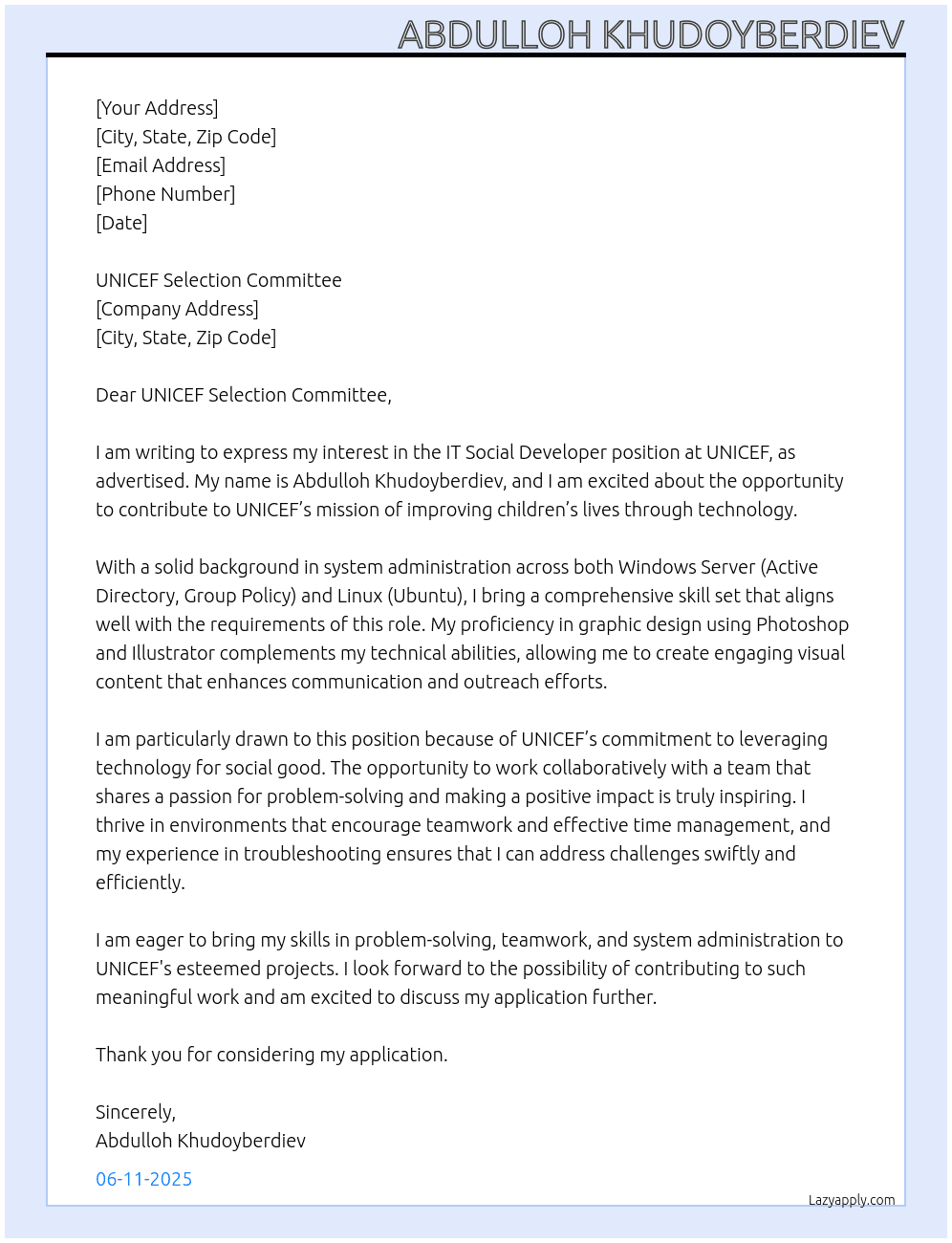 Cover letter for an it social developer - LazyApply