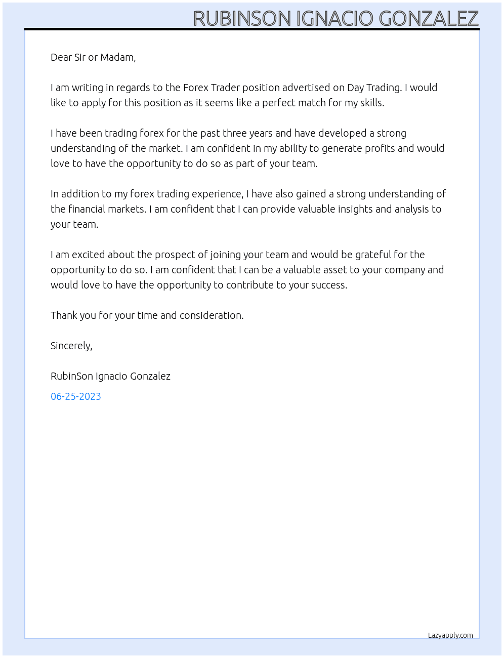 Forex Trader At Day Trading Cover Letter