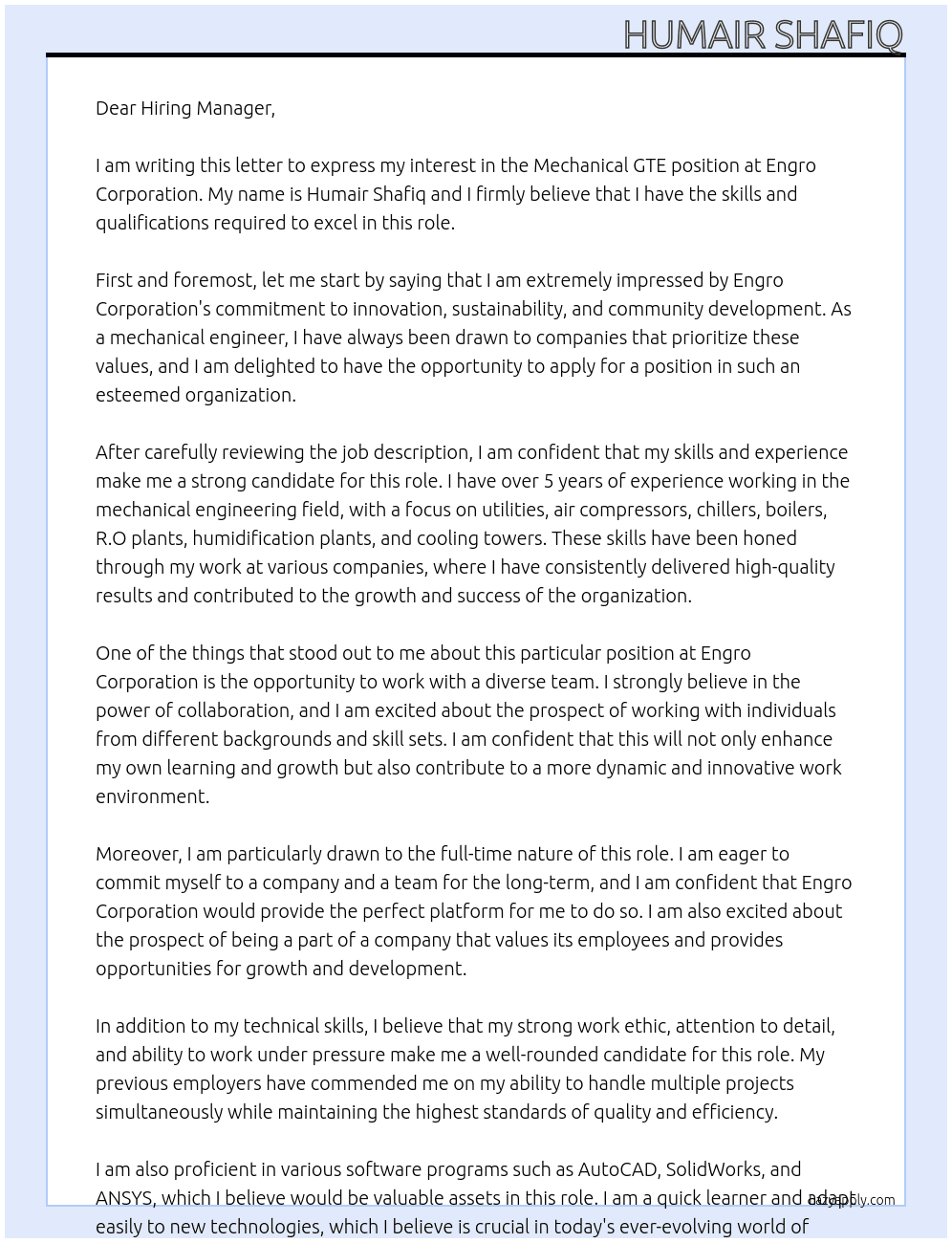 Cover letter for mechanical gte - LazyApply