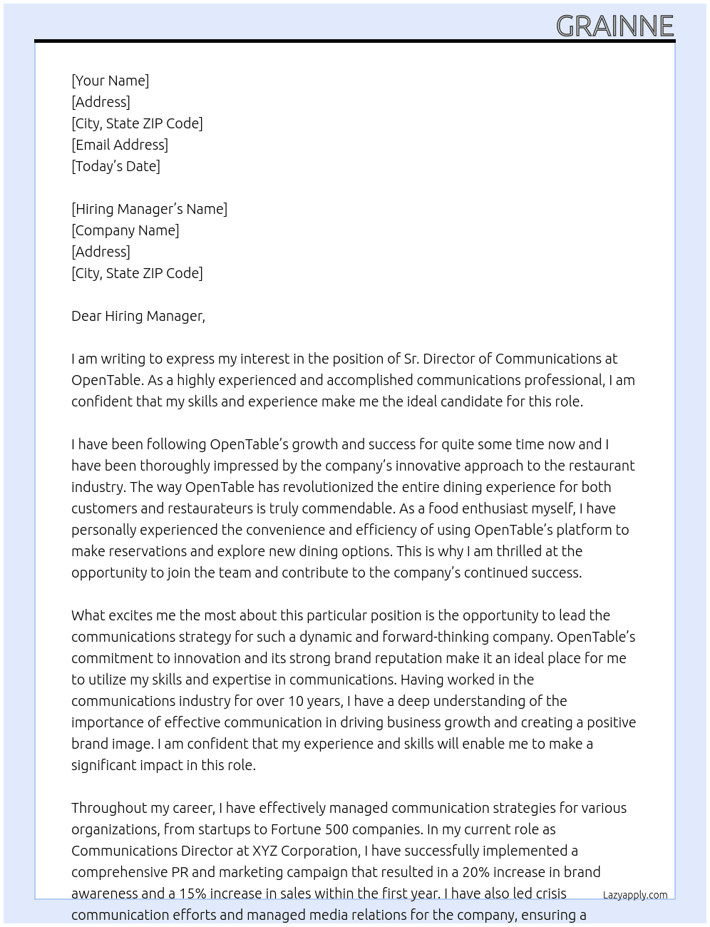 Sr Director - Communications At OpenTable Cover Letter