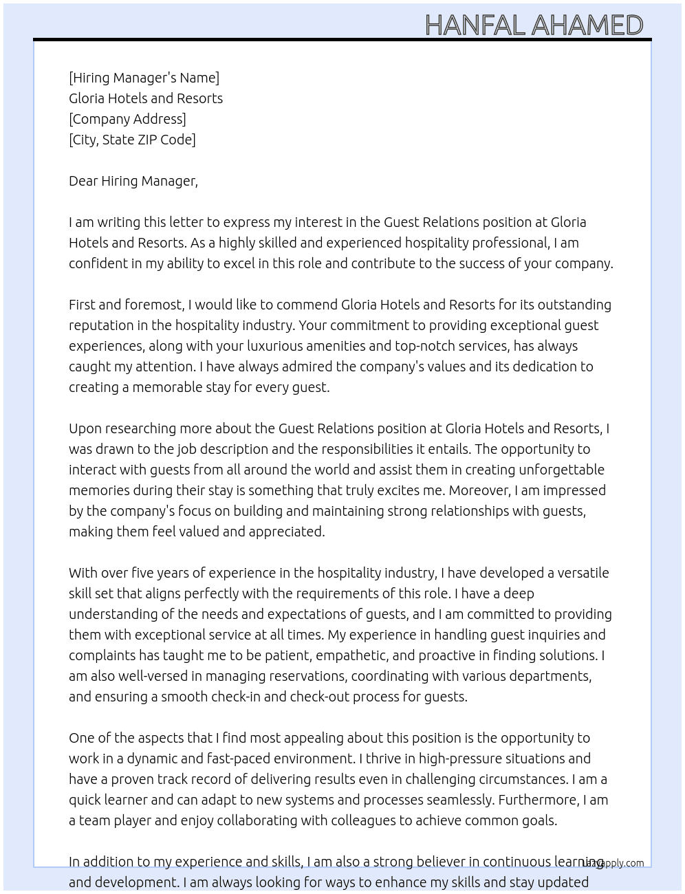Guest Relations  At Gloria Hotels and Resorts  Cover Letter