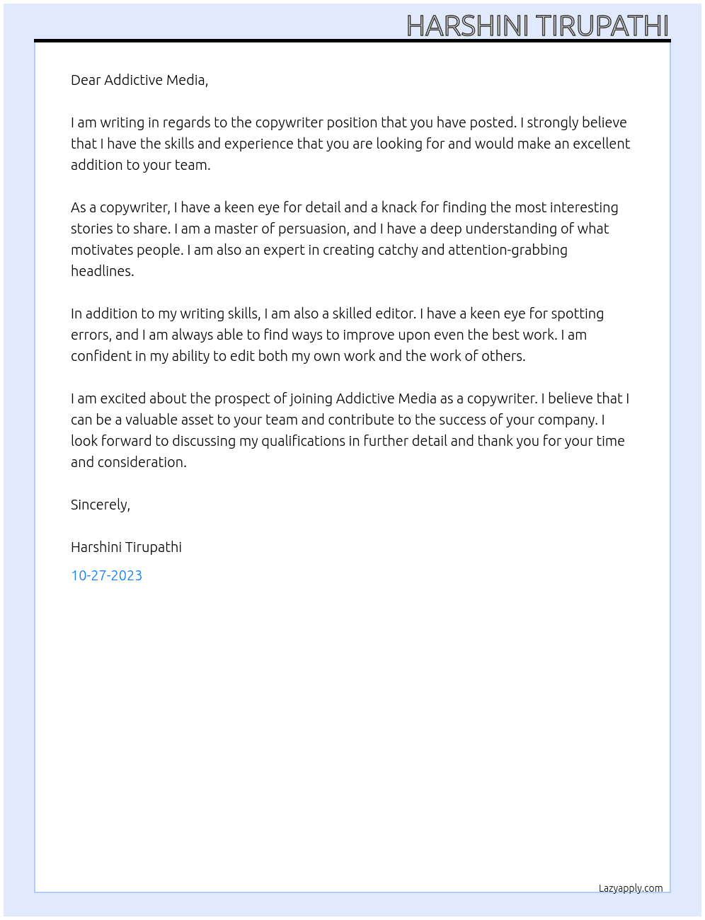 Copy writer At Addictive Media Cover Letter