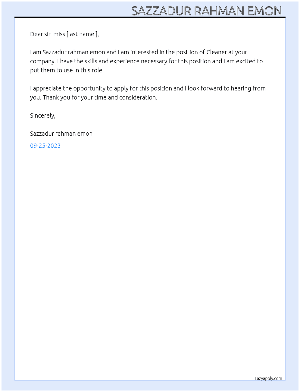 Cleaner At Dear sir  miss [last name ] Cover Letter