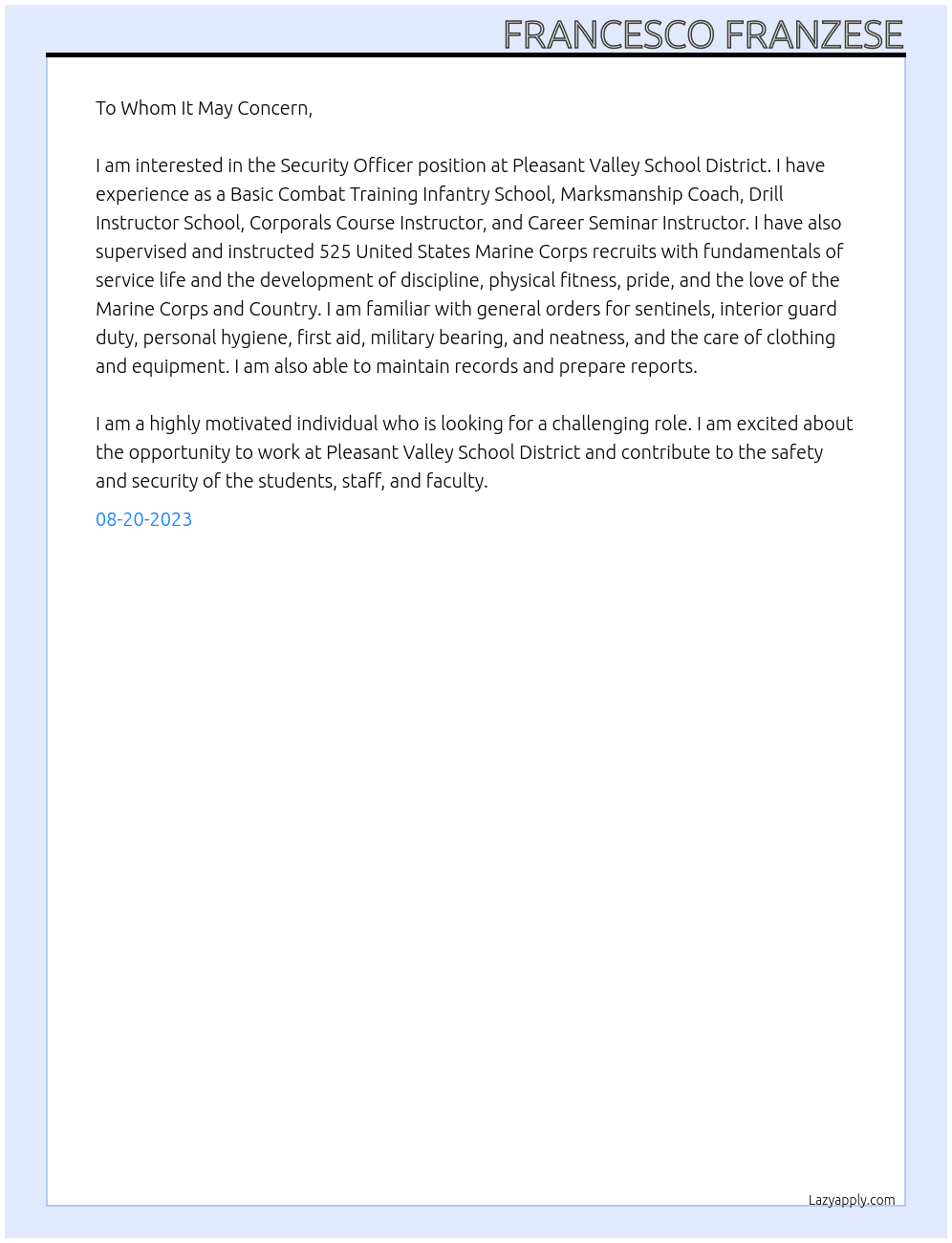 Security Officer At Pleasant Valley School District Cover Letter