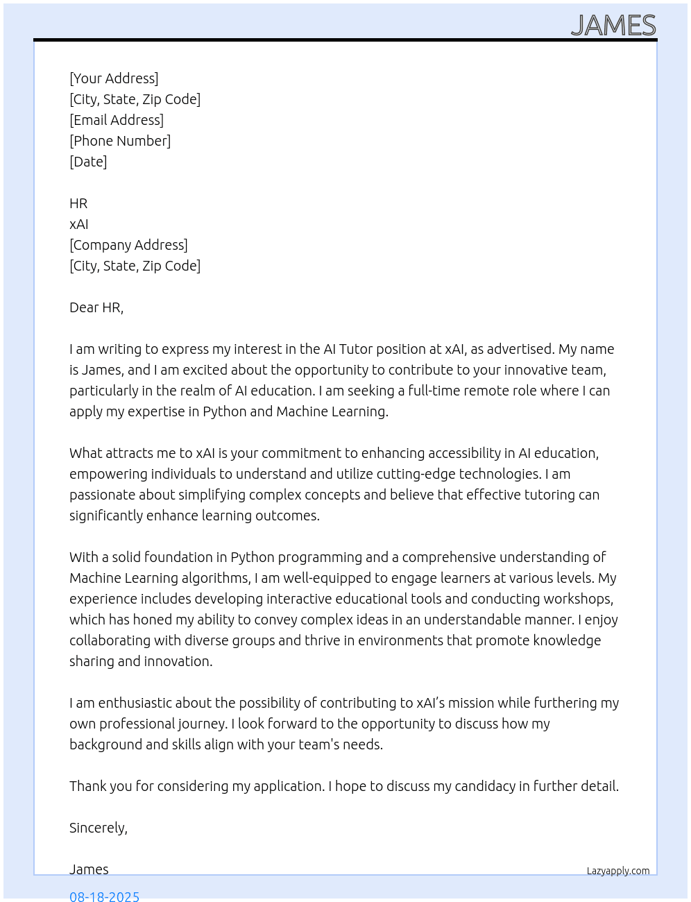 AI Tutor At xAI Cover Letter