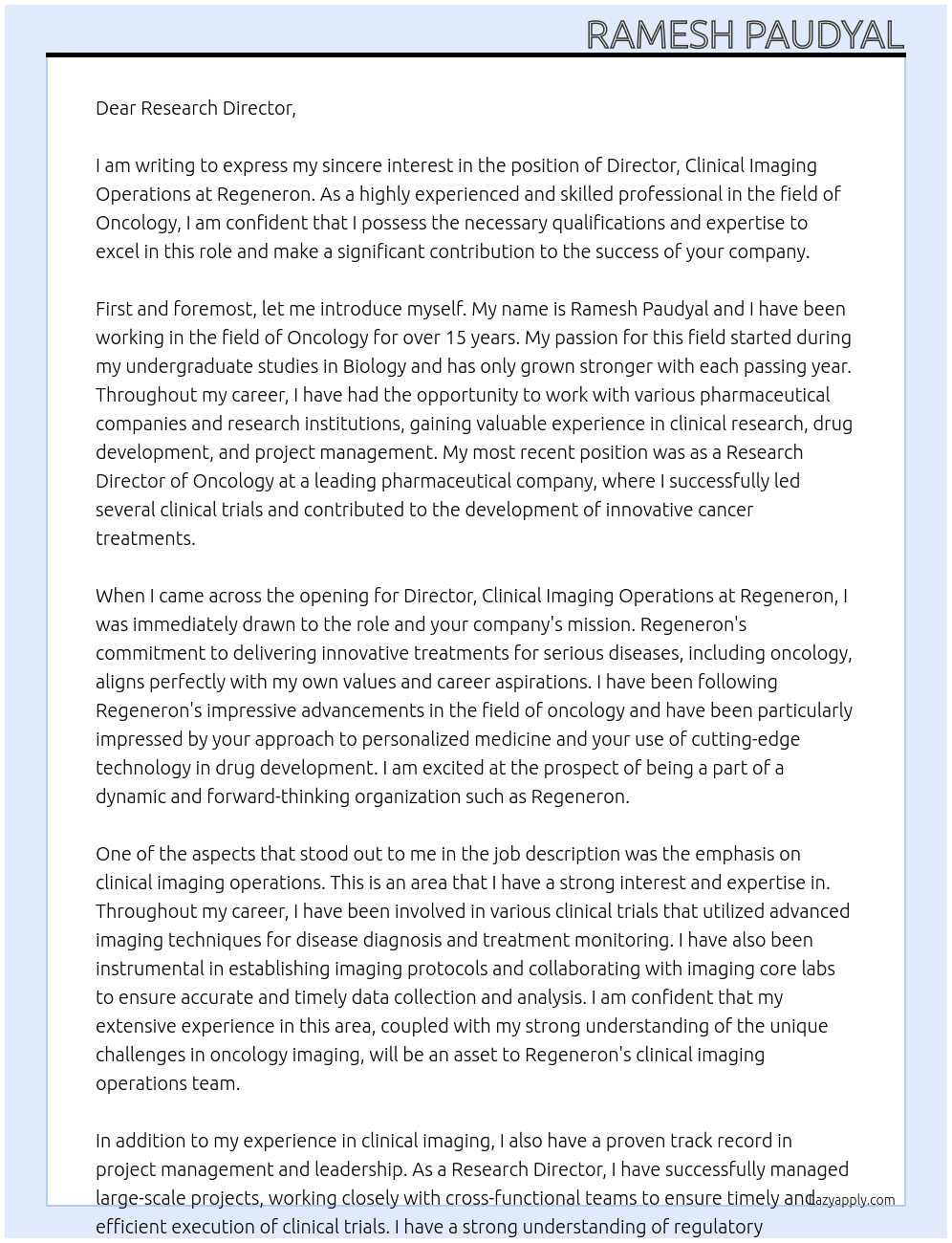 Director, Clinical Imaging Operations Regeneron At Regeneron Cover Letter