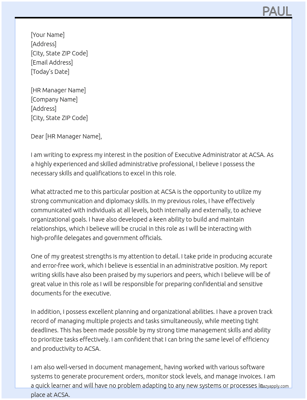 Executive Administrator At ACSA Cover Letter