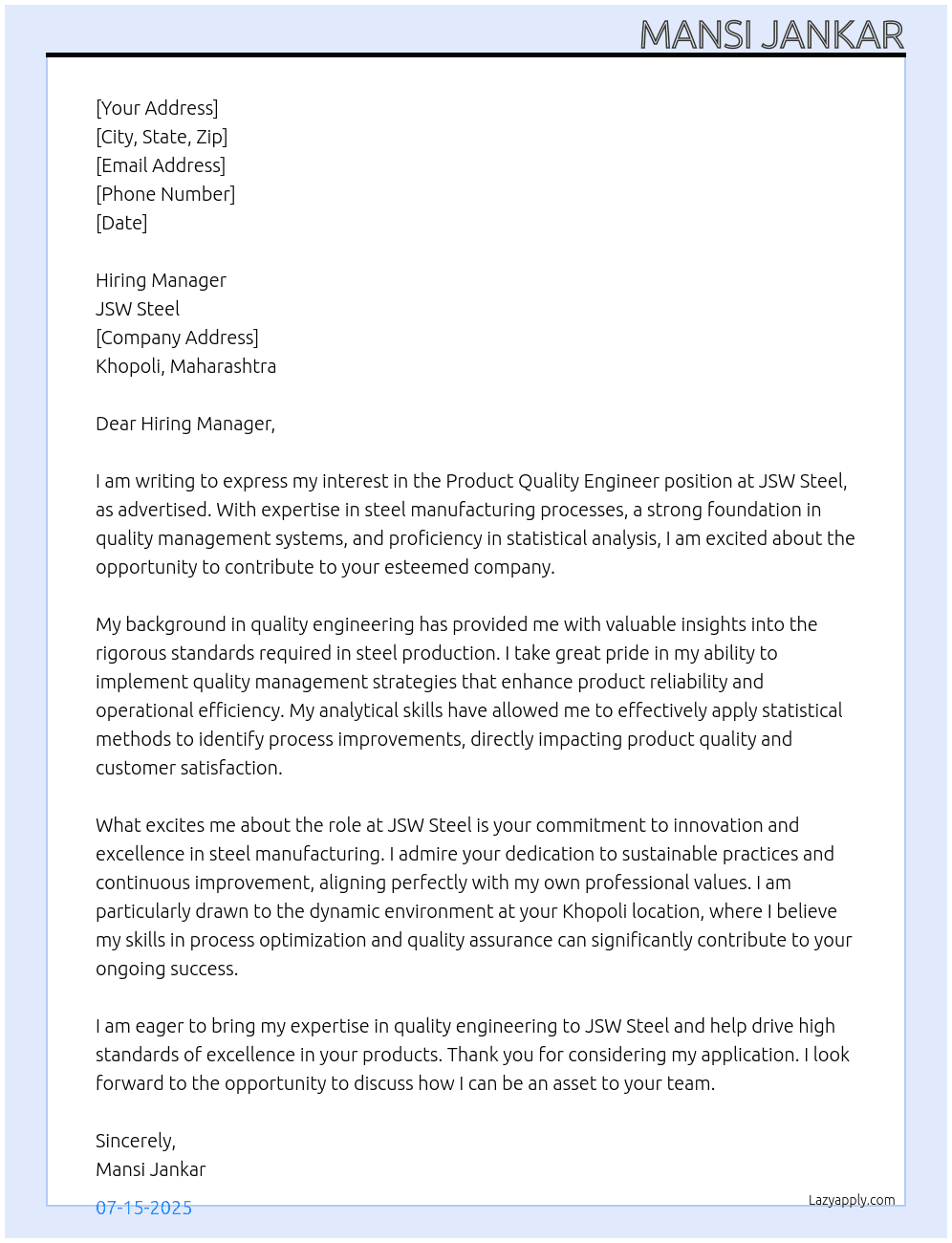 Cover letter for peoduct quality engineer - LazyApply