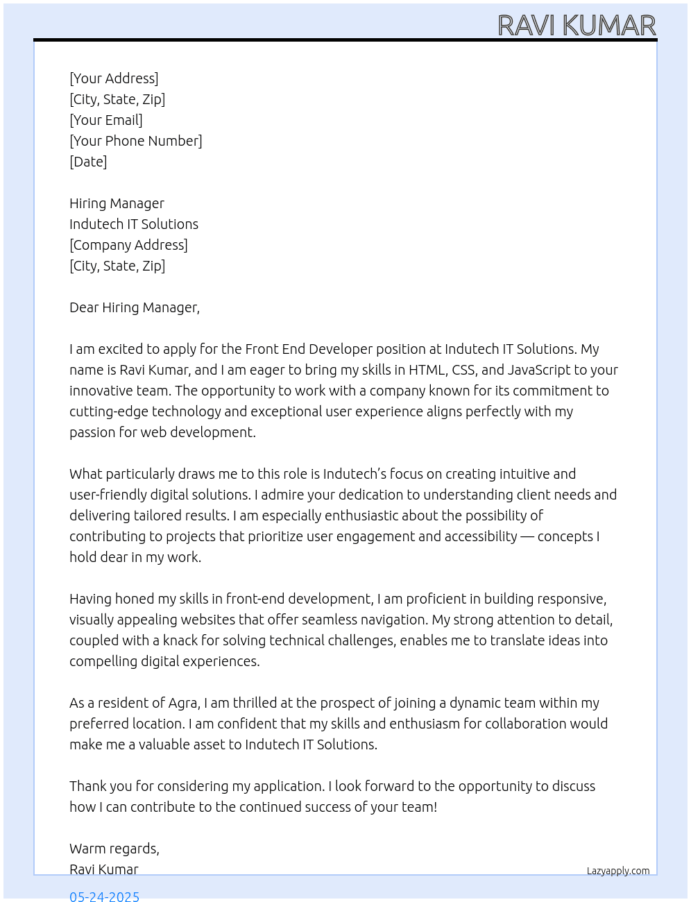 front end developer At indutech it solution Cover Letter