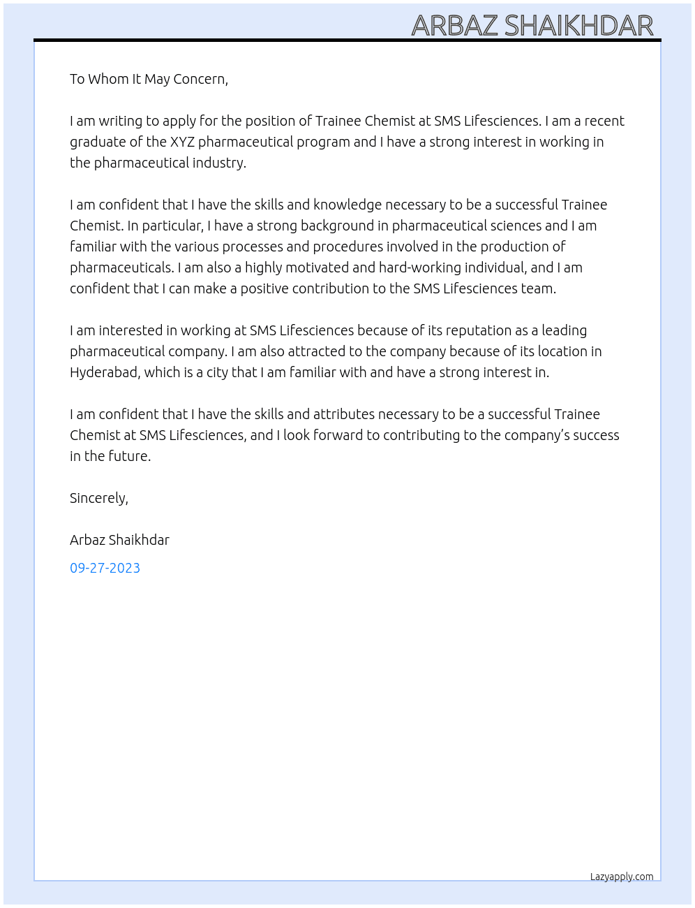 Trainee chemist  At SMS lifesciences  Cover Letter