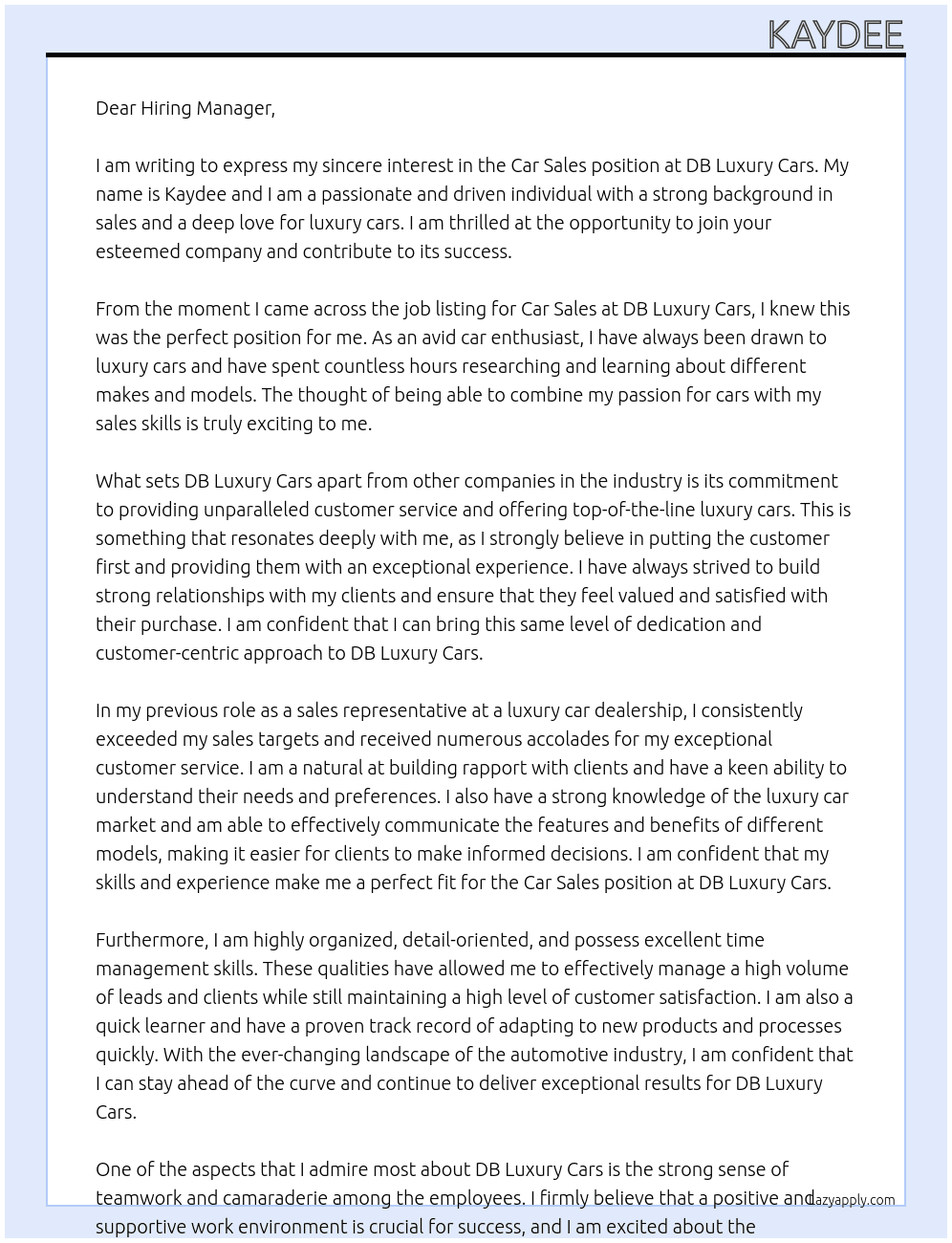 Car Sales At DB Luxury cars Cover Letter