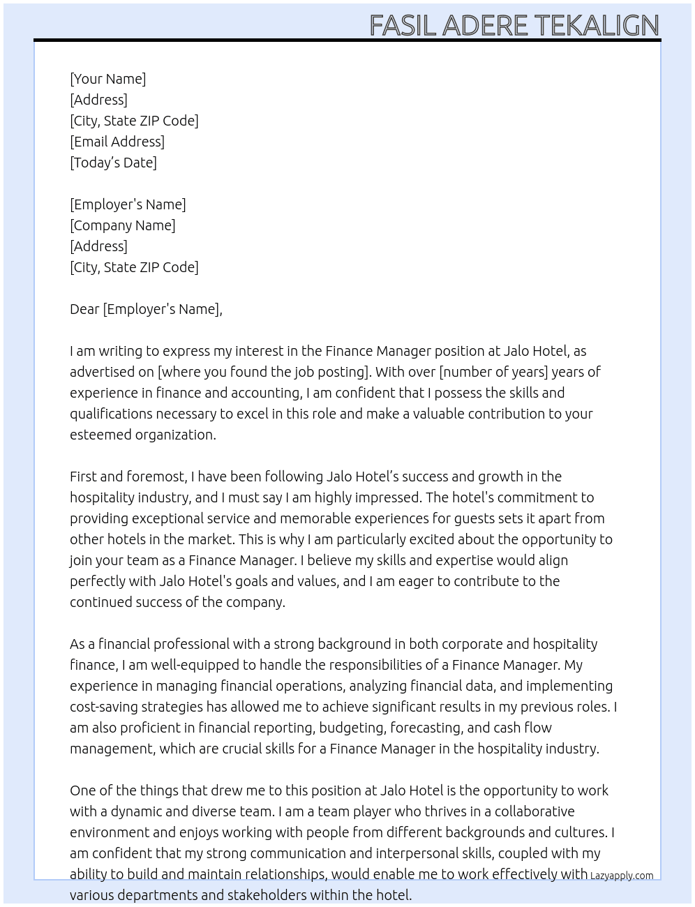 Finance Manager At Jolo Hotel Cover Letter