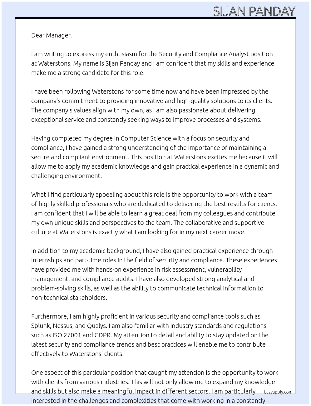 Security and Compliance Analyst At Waterstons Cover Letter
