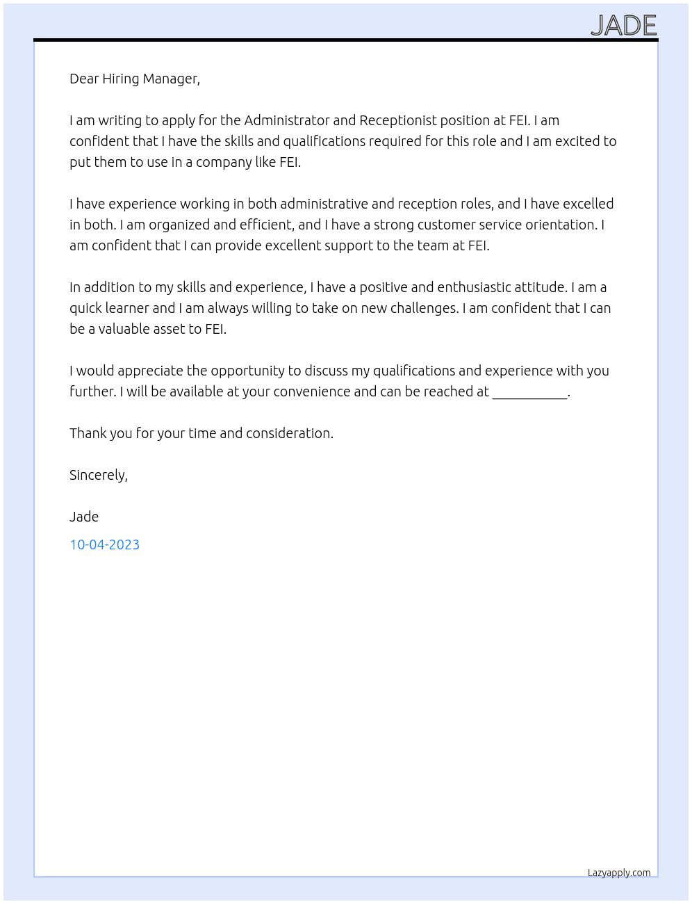 Administrator and Receptionist At FEI Cover Letter
