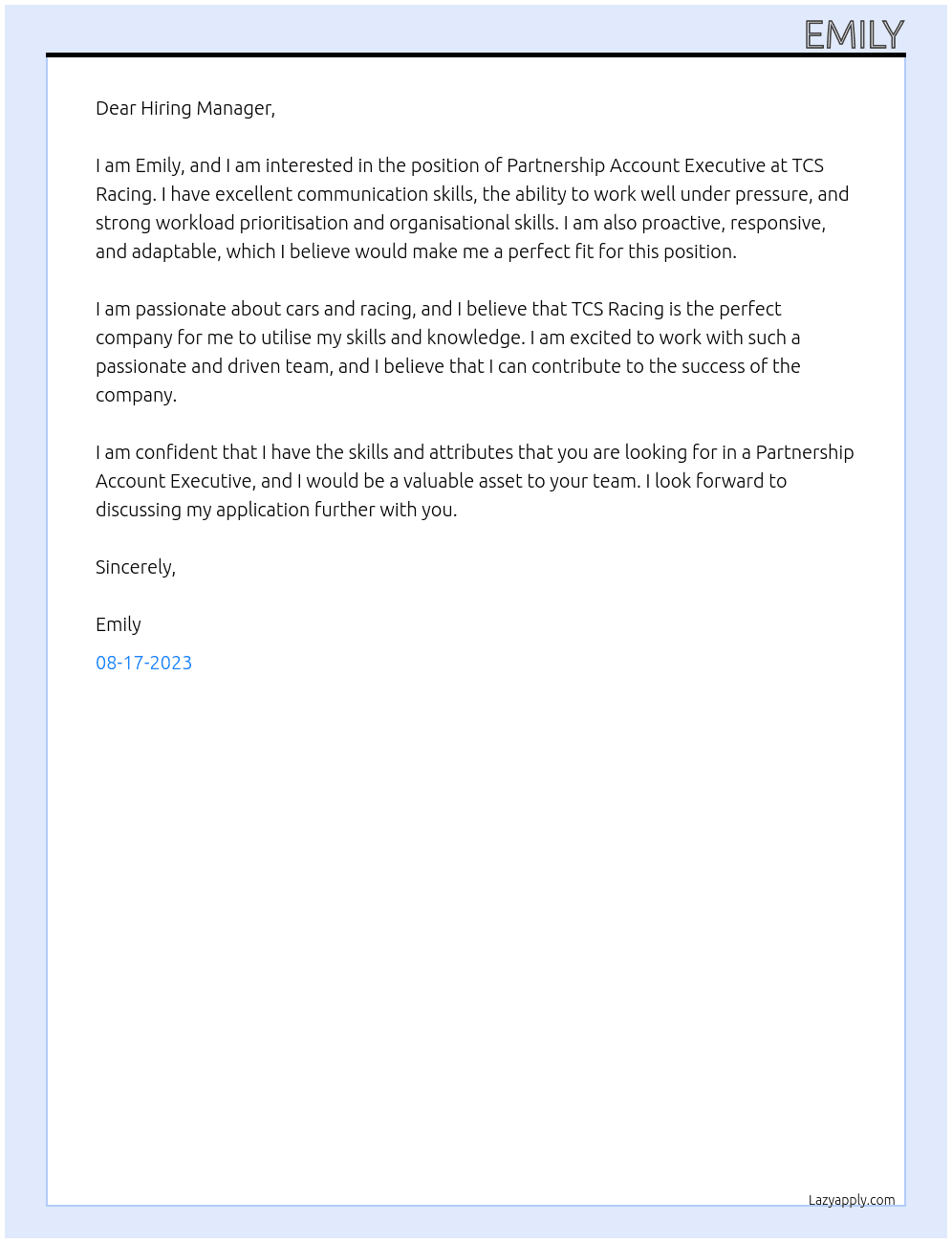 Partnership Account Executive At TCS Racing Cover Letter