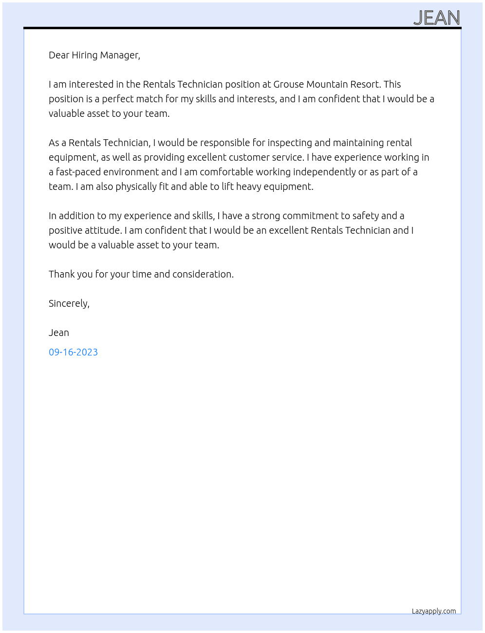 Rentals Technician At Grouse Mountain Resort Cover Letter