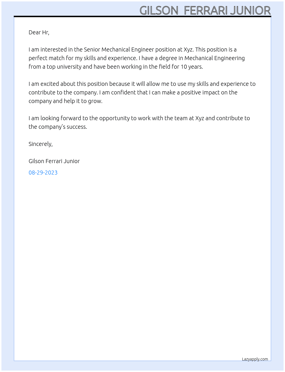 Senior Mechanical Engineer At Xyx Cover Letter