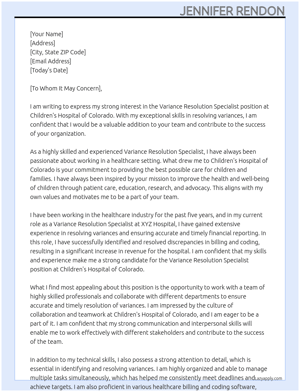 Variance Resolution Specialist At Children's Hospital of Colorado Cover Letter