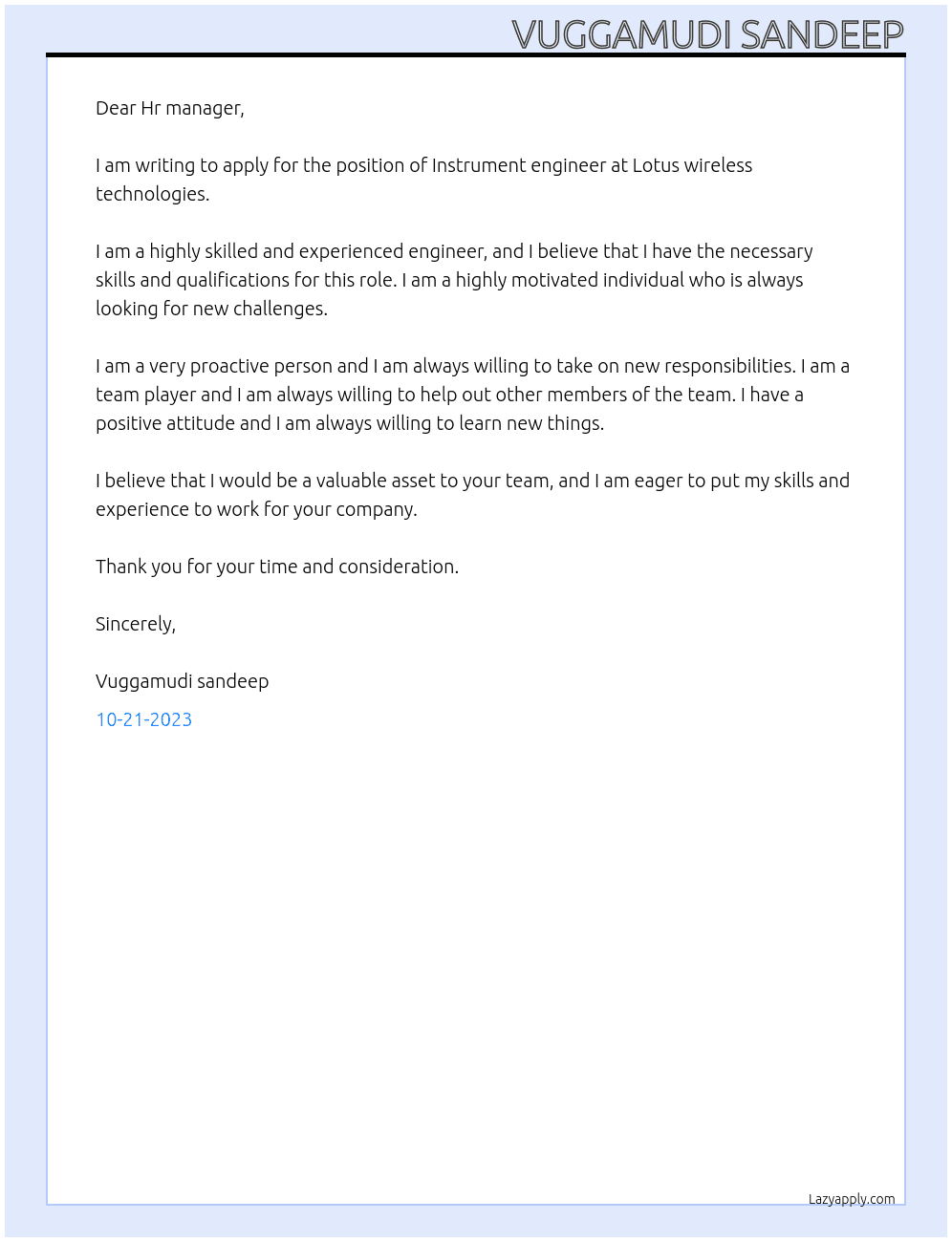 Instrument engineer At Lotus wireless technologies Cover Letter