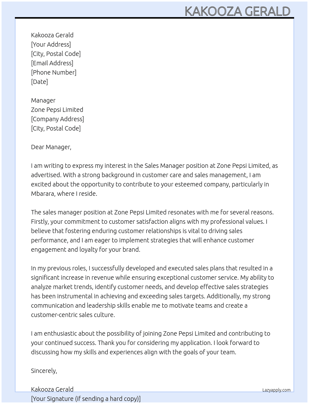 Sales manager  At Zone Pepsi limited  Cover Letter