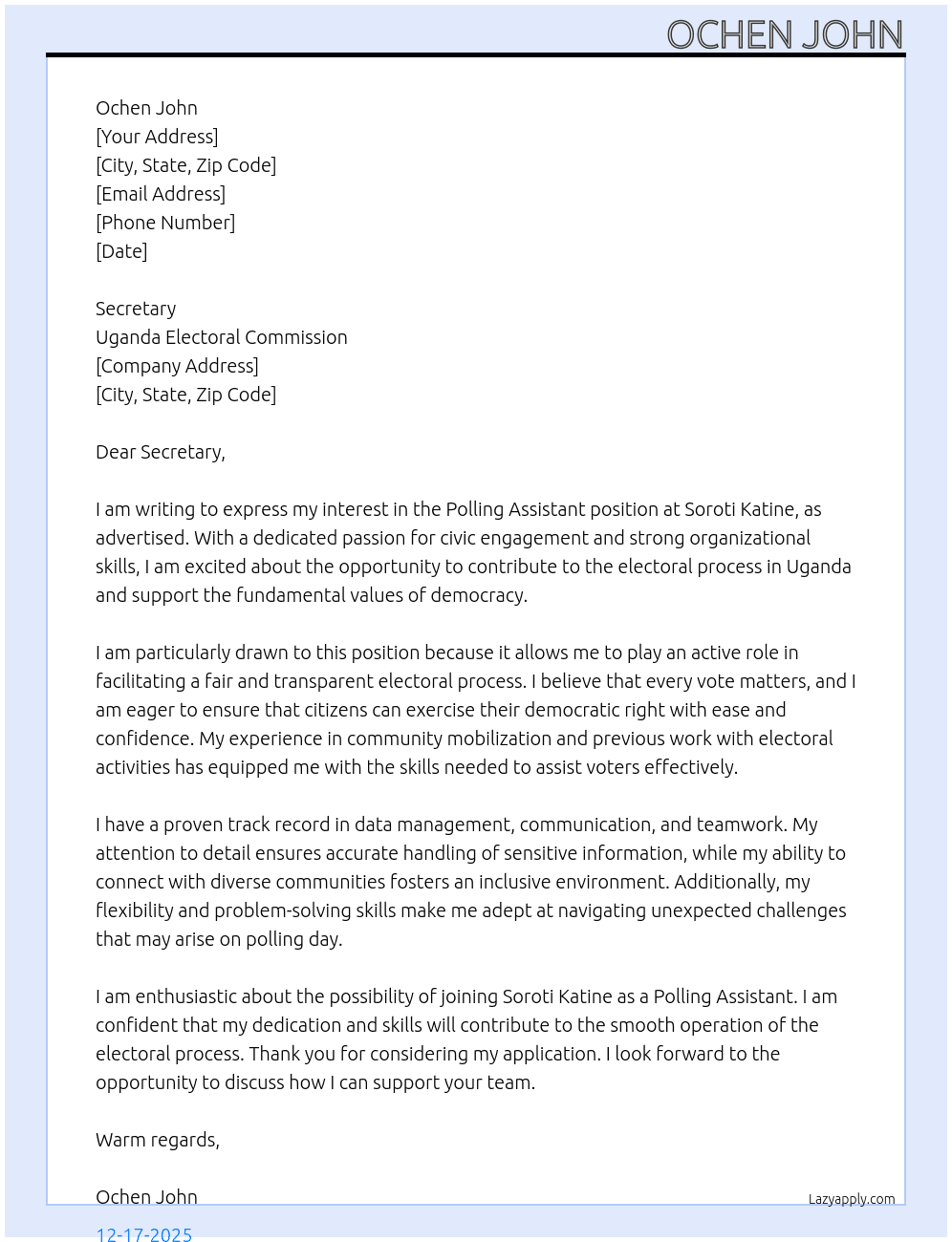 Polling assistant  At Soroti Katine Cover Letter