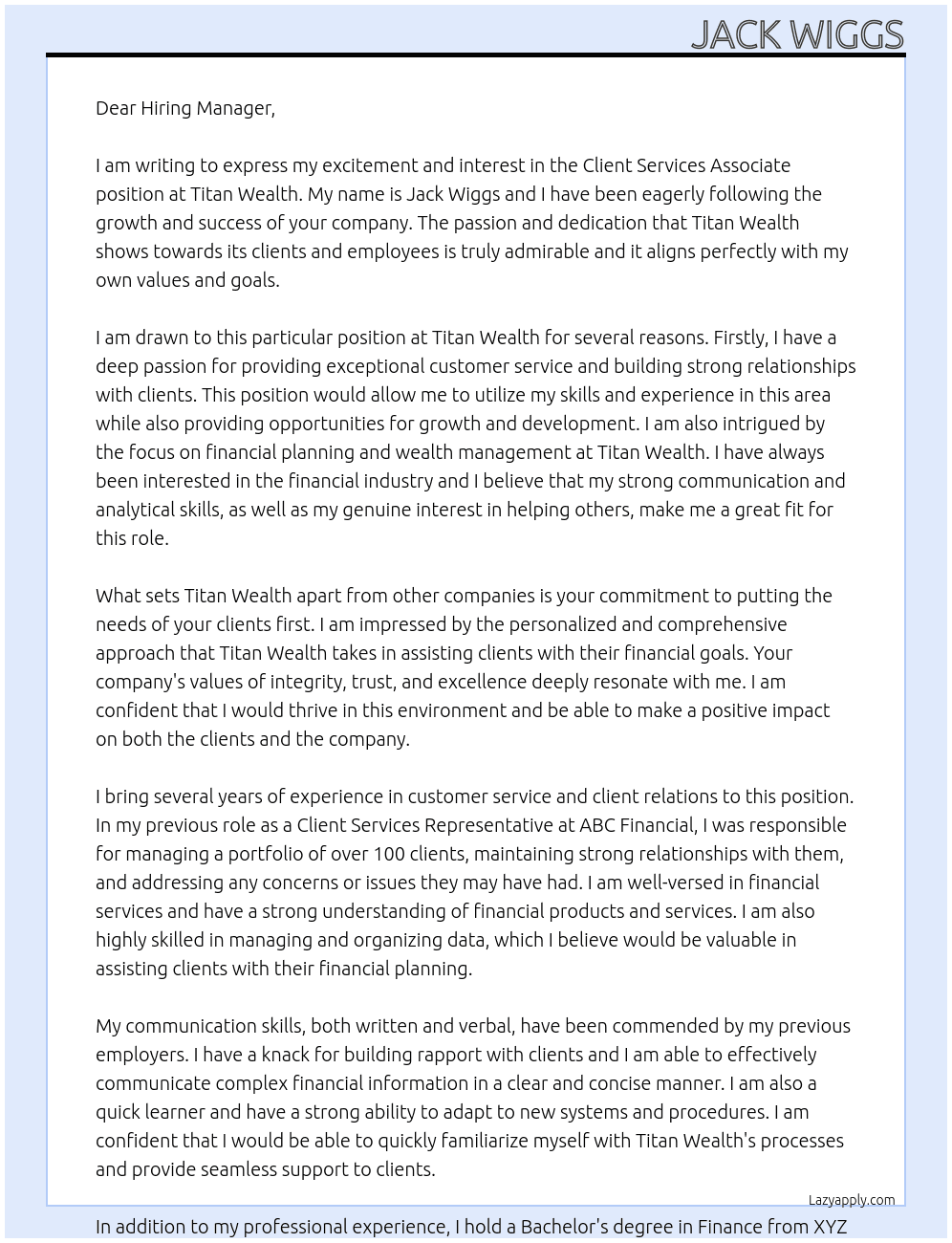 Client services associate At Titan Wealth Cover Letter