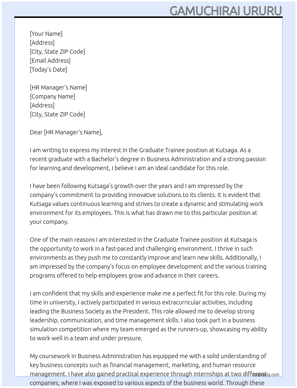 Graduate traniee At Kutsaga Cover Letter