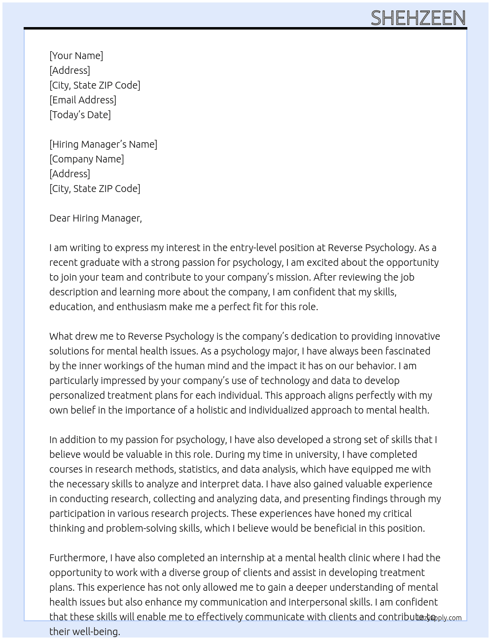 entry-level position  At Reverse Psychology  Cover Letter