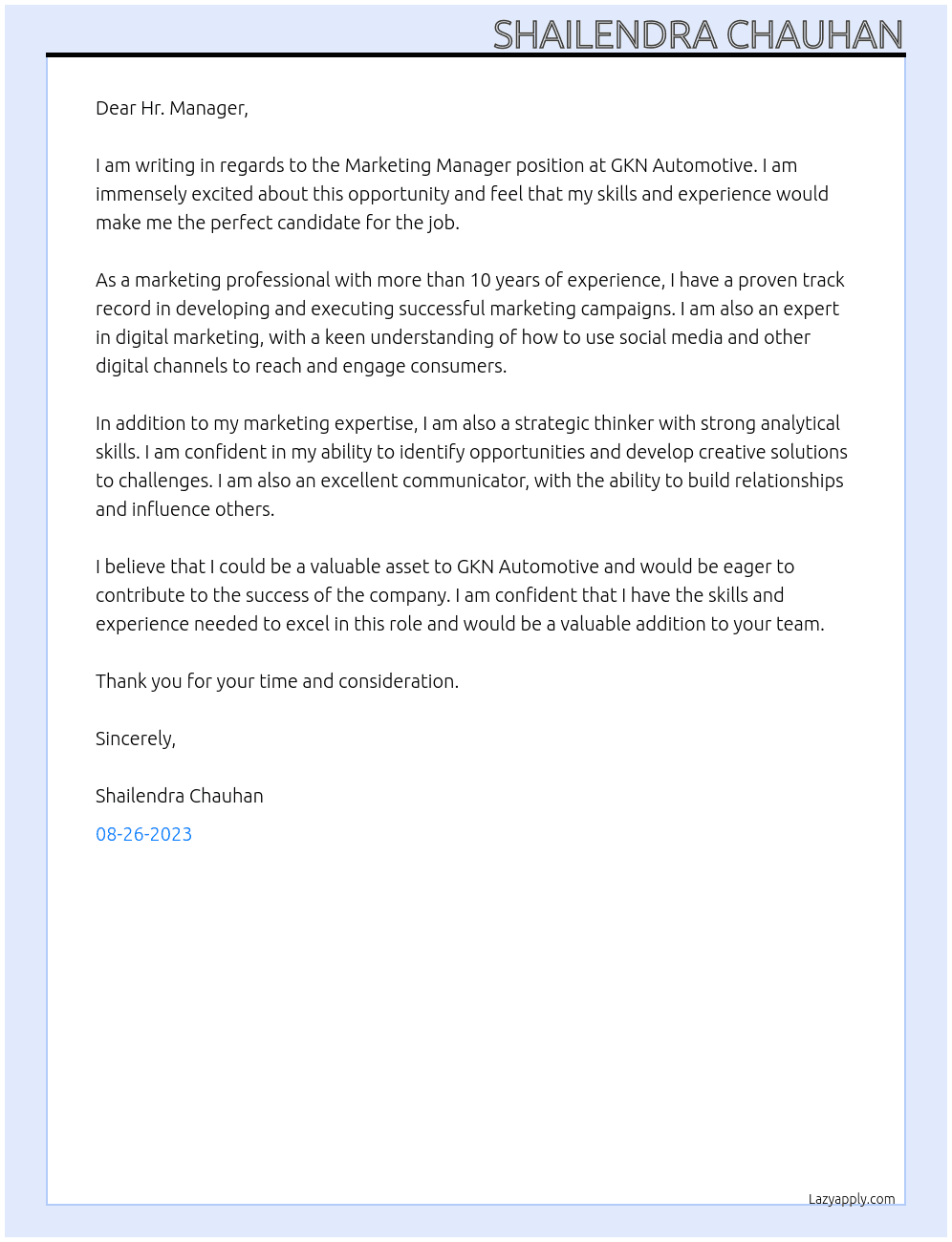 Marketing Manager At GKN Automotive Cover Letter