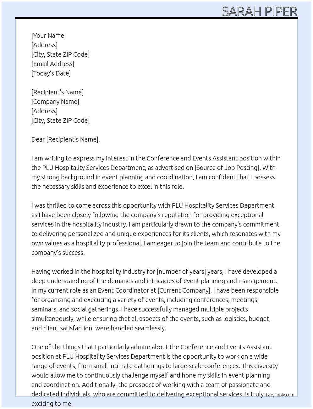 Conference and Events Assistant  At PLU Hospitality Services Department Cover Letter