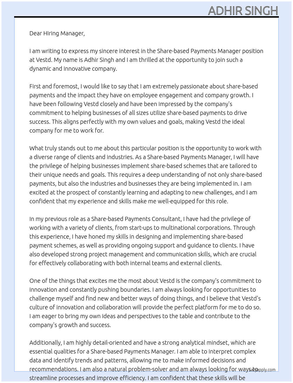 Share-based payments manager At Vestd Cover Letter