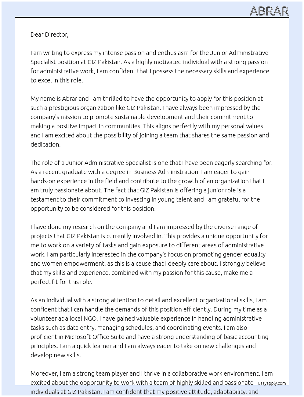 Junior Administrative Specialist At GIZ Pakistan Cover Letter