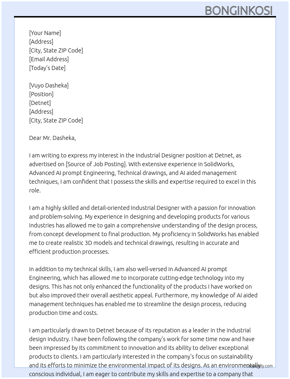 Industrial Designer  At Detnet Cover Letter